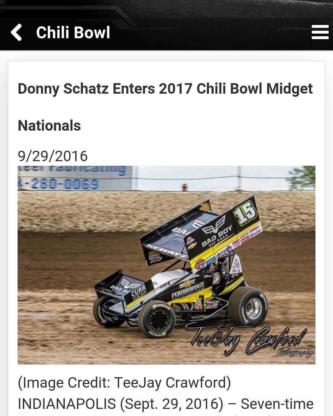 Thanks chili bowl staff, gonna be cool to see wheel a midget.