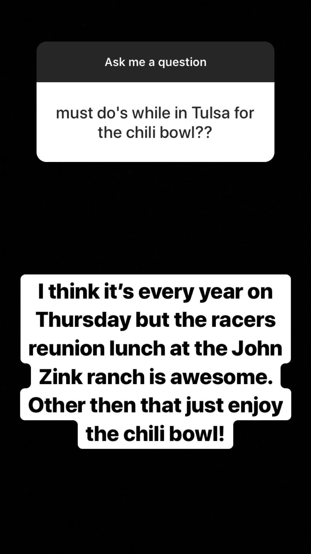 I think it’s every year on Thursday but the racers reunion lunch at the John Zink ran…